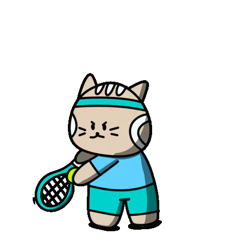 Animated sticker of the calico cat with a paddle, captioned 来打球, come play