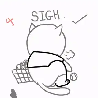 Animated rough sketch of the tennis cat sighing over a net