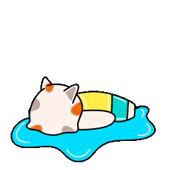 Animated sticker of the calico cat collapsed in a puddle